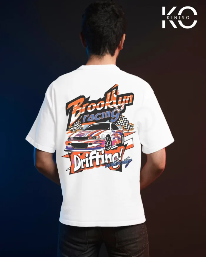 Image of White color drop shoulder t-shirt with Brooklyn Racing Drifting Print for men at reasonable price